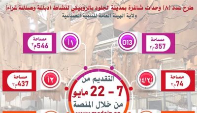 وزارة الصناعة تدعو المستثمرين للتقدم على الحصول على مصانع كاملة التجهيزات بمدينة الجلود بالروبيكي